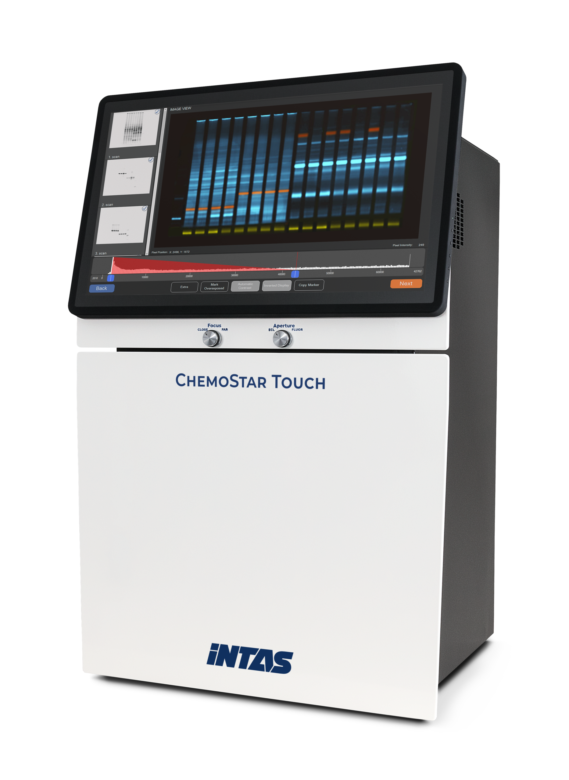 Bild ChemoStar TOUCH: Gerät Gerät für professionelle Aufnahmen von Western Blots mittels hochempfindliche Chemilumineszenz-Detektion und leistungsstarker RGB und NIR-Fluoreszenz-Anregung und -Detektion auf einer Fläche von 20 x 20 cm
